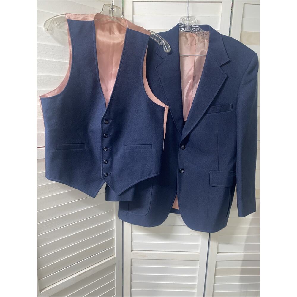 70s H.I.S. 2 Piece Suit Pieces Twill Blue Blazer & Reversible Plaid Vest USA